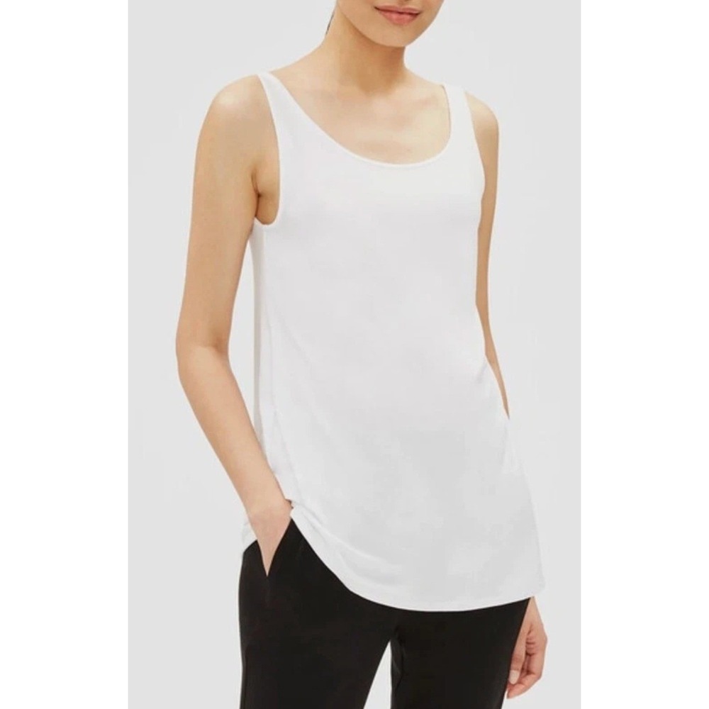 Eileen Fisher M Lightweight Viscose Jersey Scoop Neck Tank Top White System $108